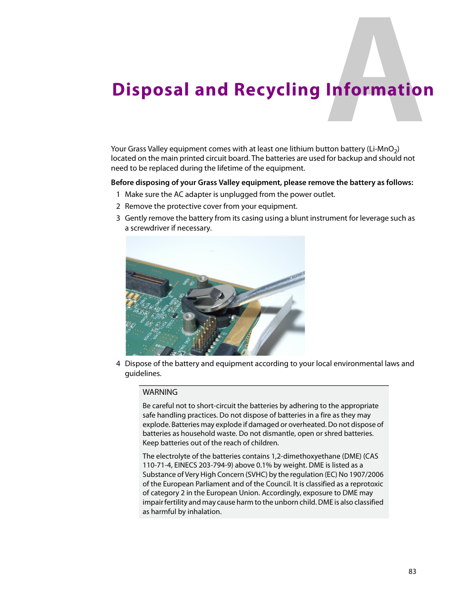 Disposal and recycling information, Appendix: disposal and recycling information | Grass Valley Kaleido-X (7RU) v.7.70 User Manual | Page 95 / 97