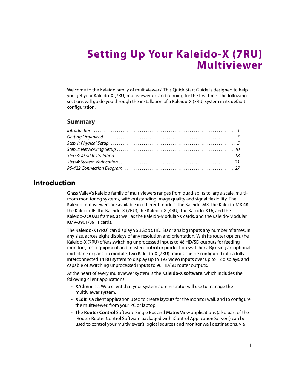 Setting up your kaleido-x (7ru) multiviewer, Introduction | Grass Valley Kaleido-X (7RU) Quick v.7.80 User Manual | Page 13 / 41