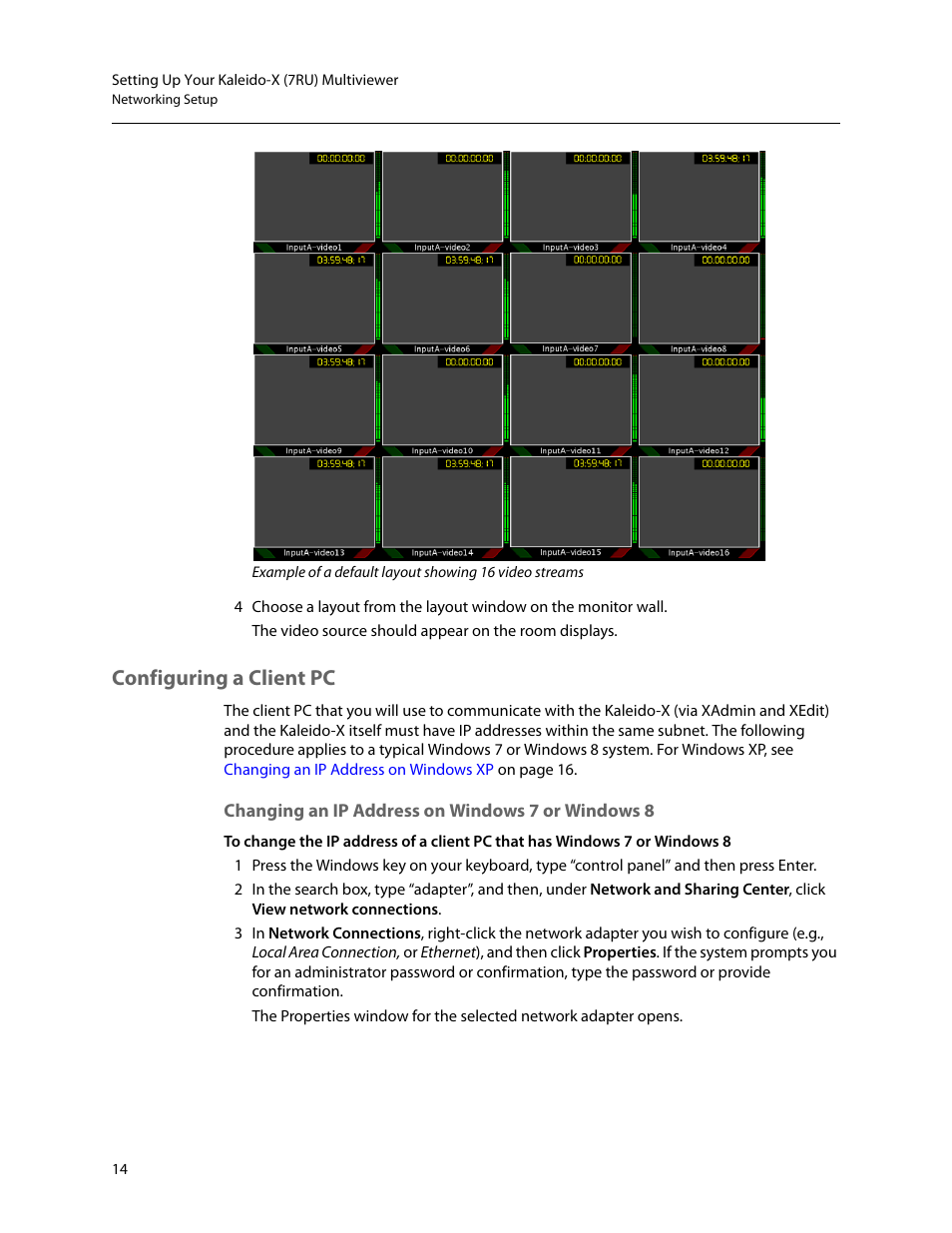 Configuring a client pc, Changing an ip address on windows 7 or windows 8 | Grass Valley Kaleido-X (7RU) Quick v.7.80 User Manual | Page 26 / 41