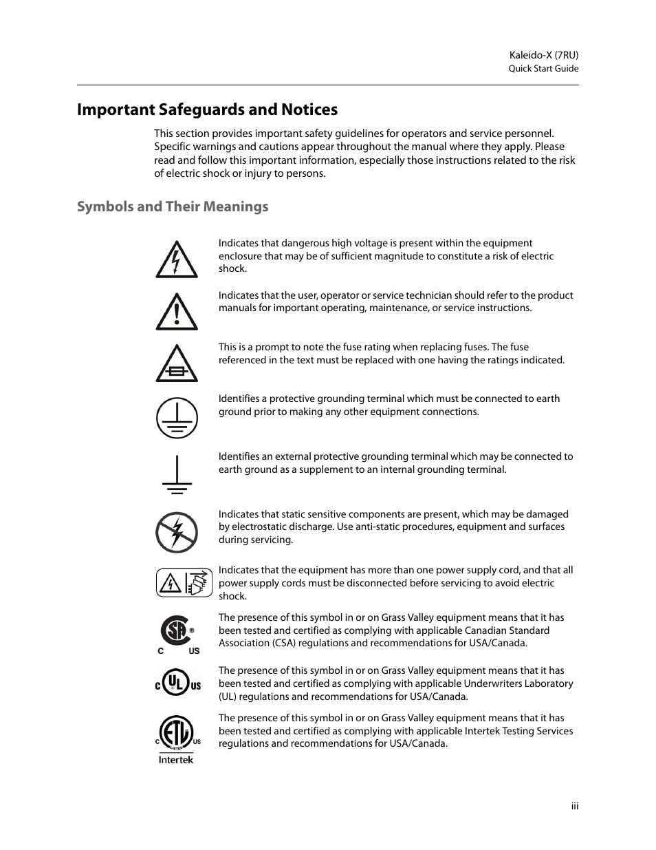 Important safeguards and notices, Symbols and their meanings | Grass Valley Kaleido-X (7RU) Quick v.7.80 User Manual | Page 3 / 41