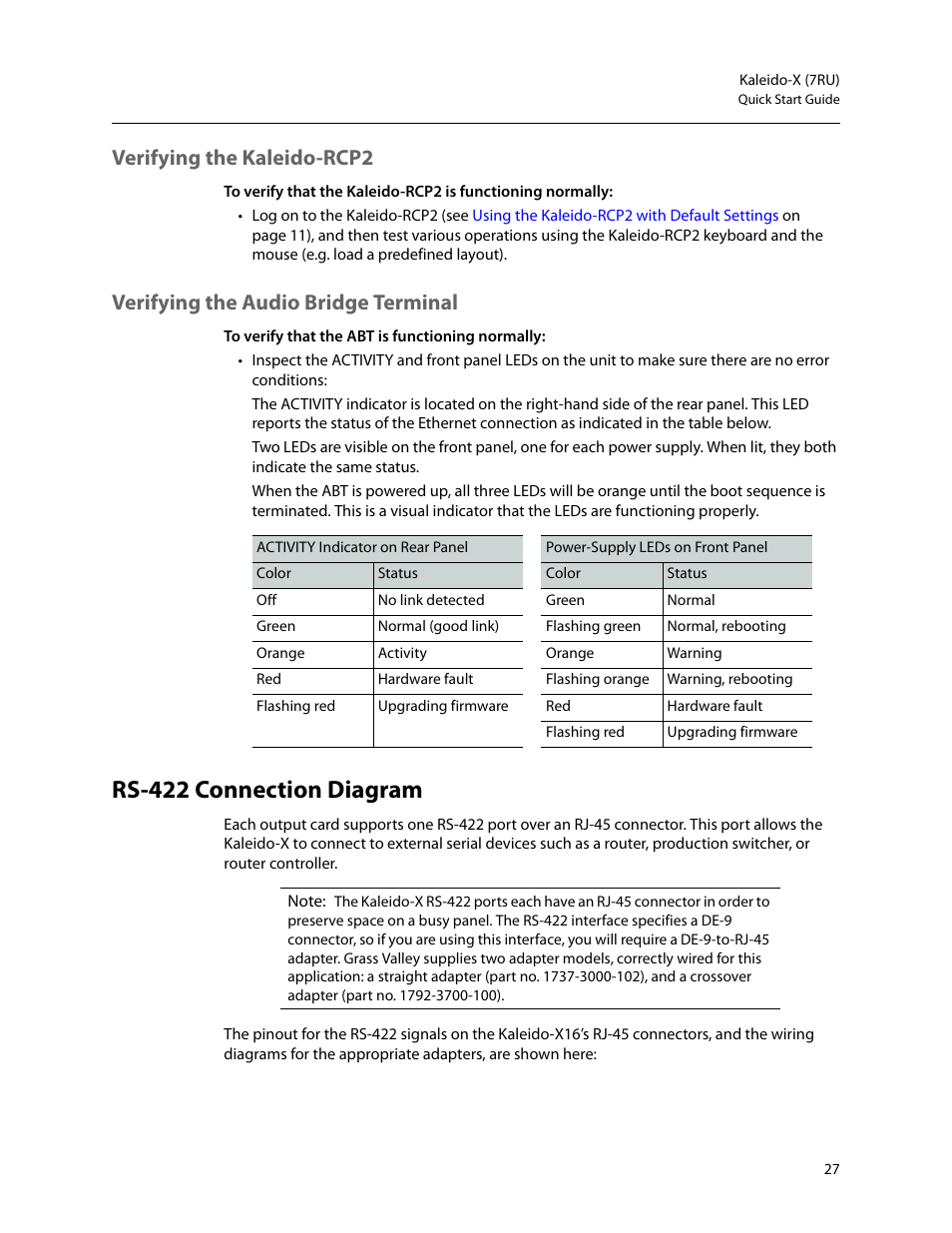 Verifying the kaleido-rcp2, Verifying the audio bridge terminal, Rs-422 connection diagram | Grass Valley Kaleido-X (7RU) Quick v.7.80 User Manual | Page 39 / 41
