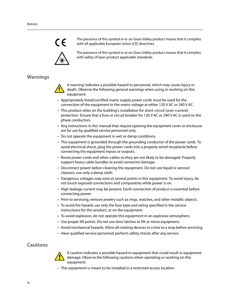 Warnings, Cautions | Grass Valley Kaleido-X (7RU) Quick v.7.80 User Manual | Page 4 / 41