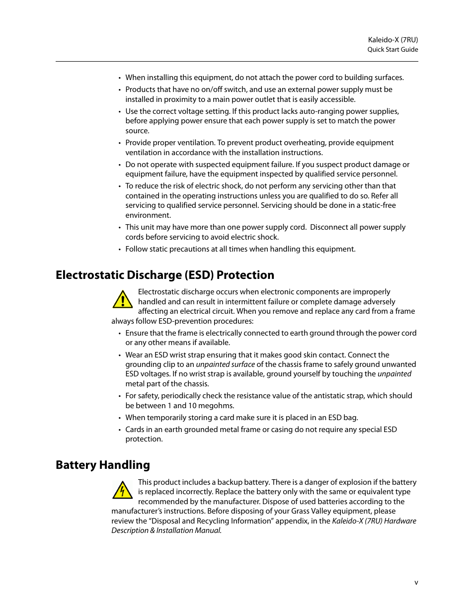 Electrostatic discharge (esd) protection, Battery handling | Grass Valley Kaleido-X (7RU) Quick v.7.80 User Manual | Page 5 / 41