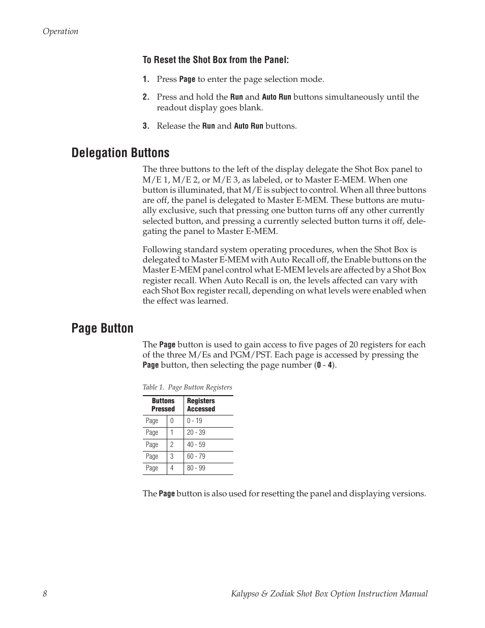 Delegation buttons, Page button | Grass Valley Kalypso Shot Box Option User Manual | Page 8 / 10