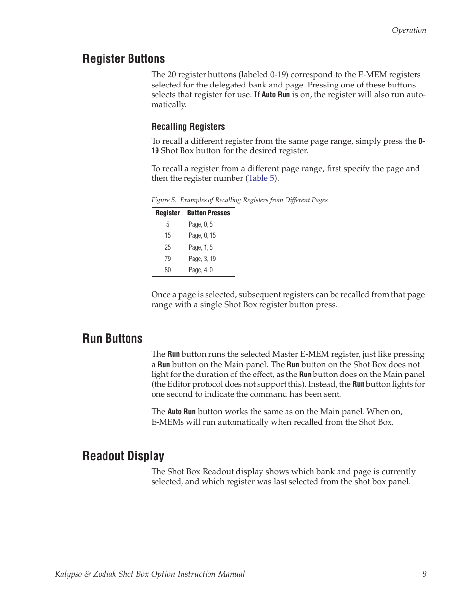Register buttons, Run buttons, Readout display | Grass Valley Kalypso Shot Box Option User Manual | Page 9 / 10
