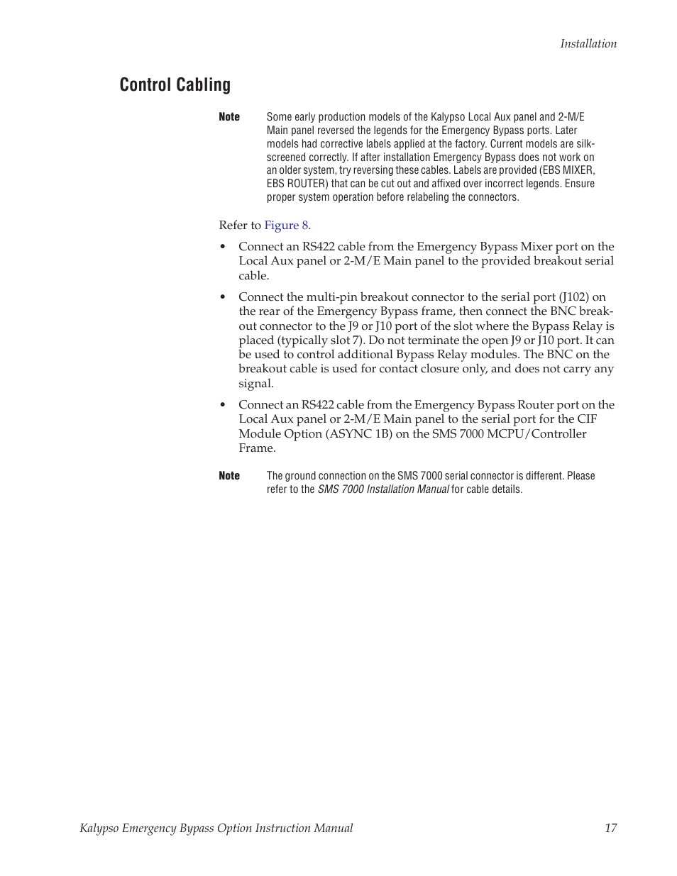 Control cabling | Grass Valley Kalypso Emergency Bypass Option User Manual | Page 17 / 32