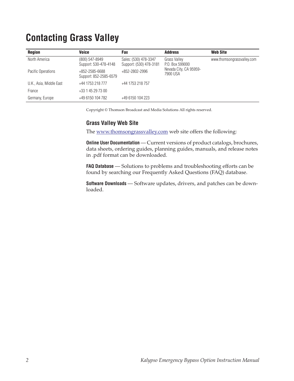 Contacting grass valley | Grass Valley Kalypso Emergency Bypass Option User Manual | Page 2 / 32