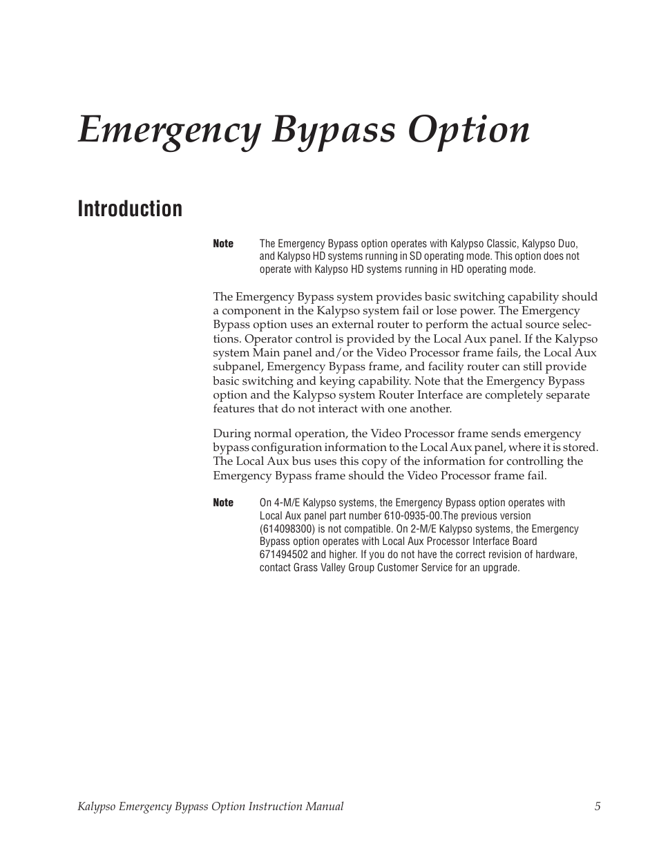 Emergency bypass option, Introduction | Grass Valley Kalypso Emergency Bypass Option User Manual | Page 5 / 32