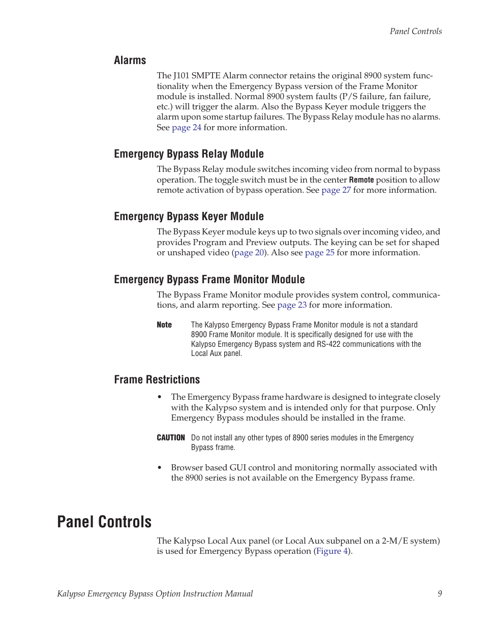 Panel controls | Grass Valley Kalypso Emergency Bypass Option User Manual | Page 9 / 32