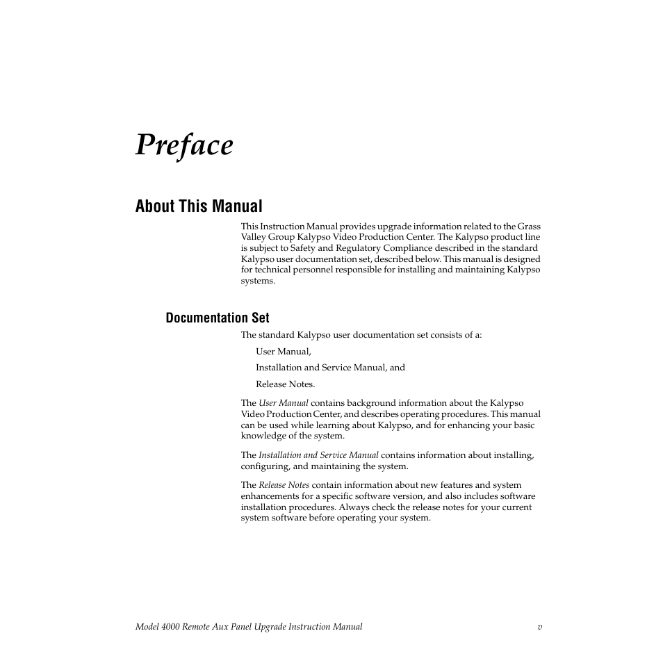 Preface, About this manual, Documentation set | Grass Valley 4000 Remote Aux Panel User Manual | Page 5 / 10