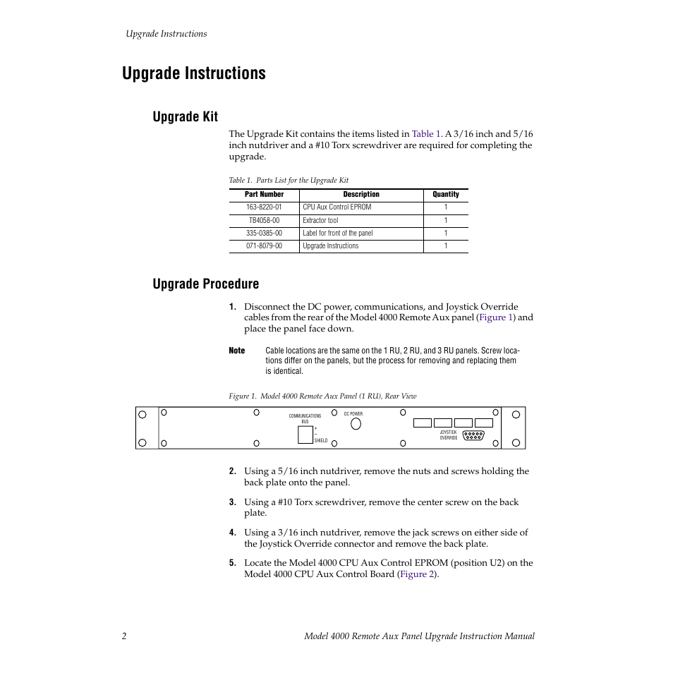Upgrade instructions, Upgrade kit, Upgrade procedure | Grass Valley 4000 Remote Aux Panel User Manual | Page 8 / 10
