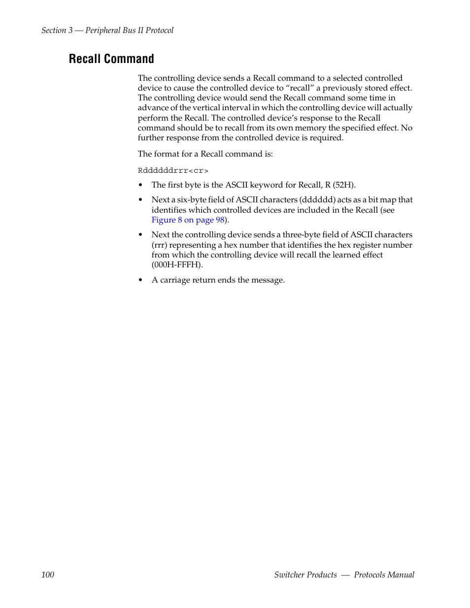 Recall command | Grass Valley Switcher Products User Manual | Page 100 / 152