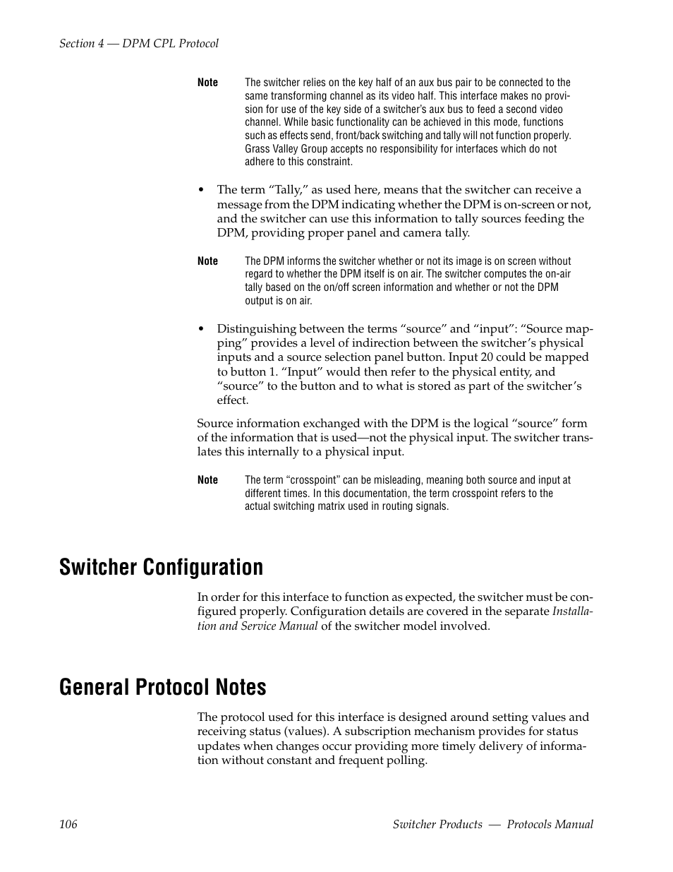 Switcher configuration, General protocol notes | Grass Valley Switcher Products User Manual | Page 106 / 152