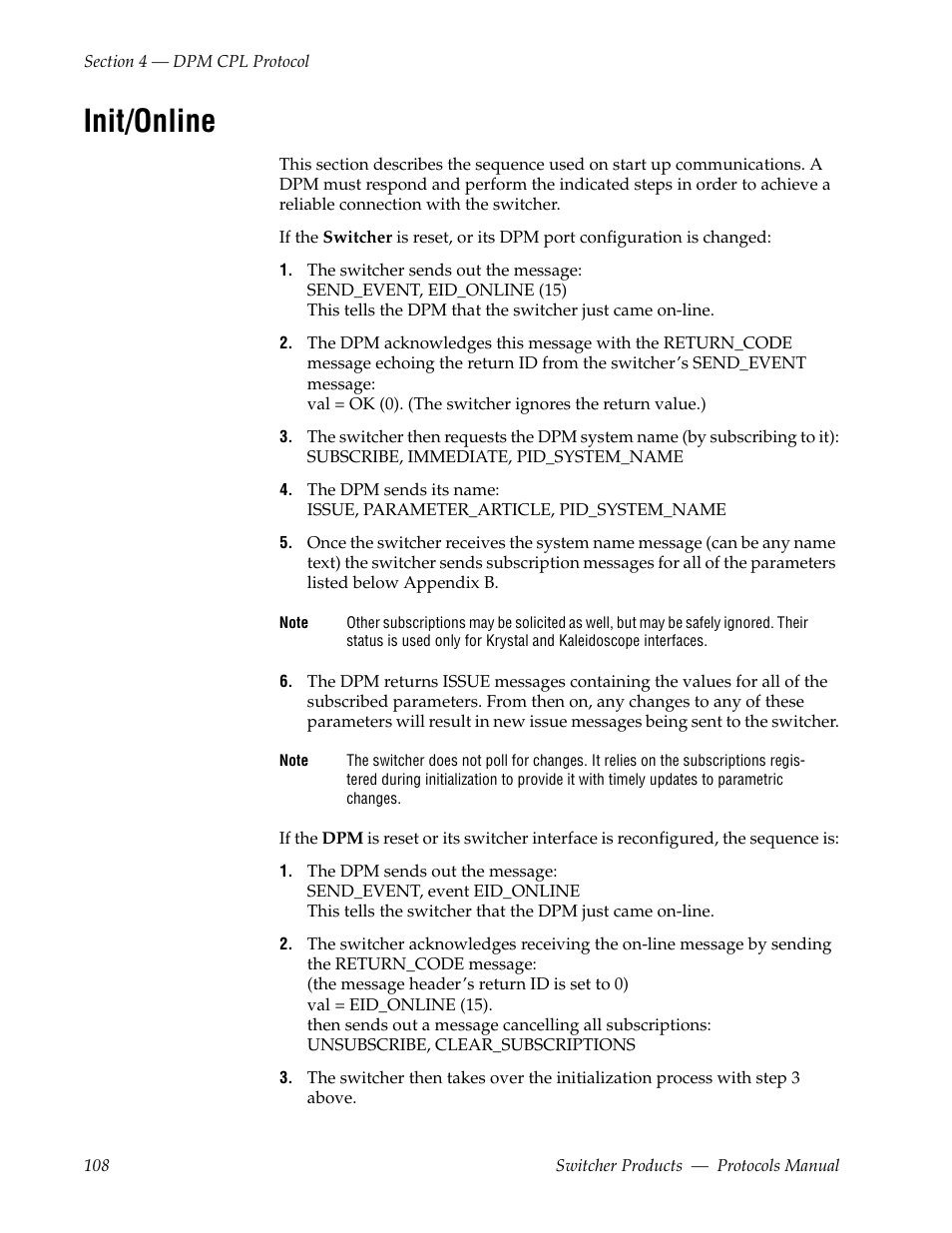 Init/online | Grass Valley Switcher Products User Manual | Page 108 / 152