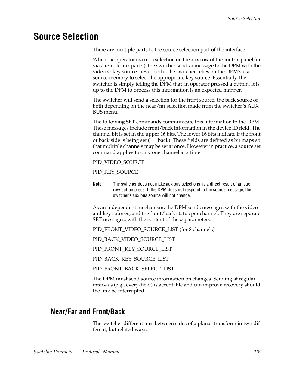 Source selection, Near/far and front/back | Grass Valley Switcher Products User Manual | Page 109 / 152