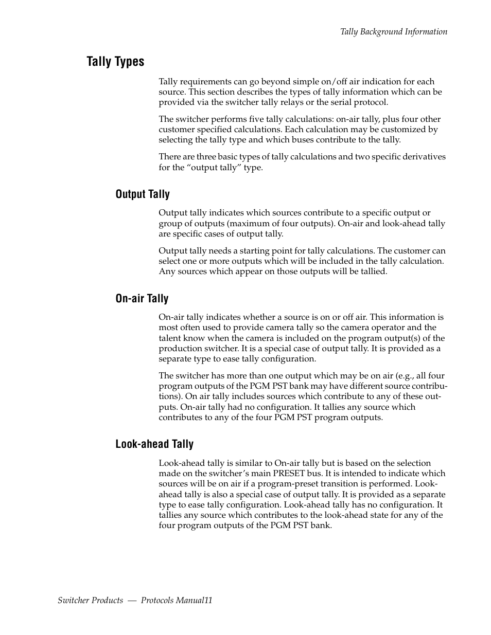 Tally types, Output tally, On-air tally | Look-ahead tally | Grass Valley Switcher Products User Manual | Page 11 / 152