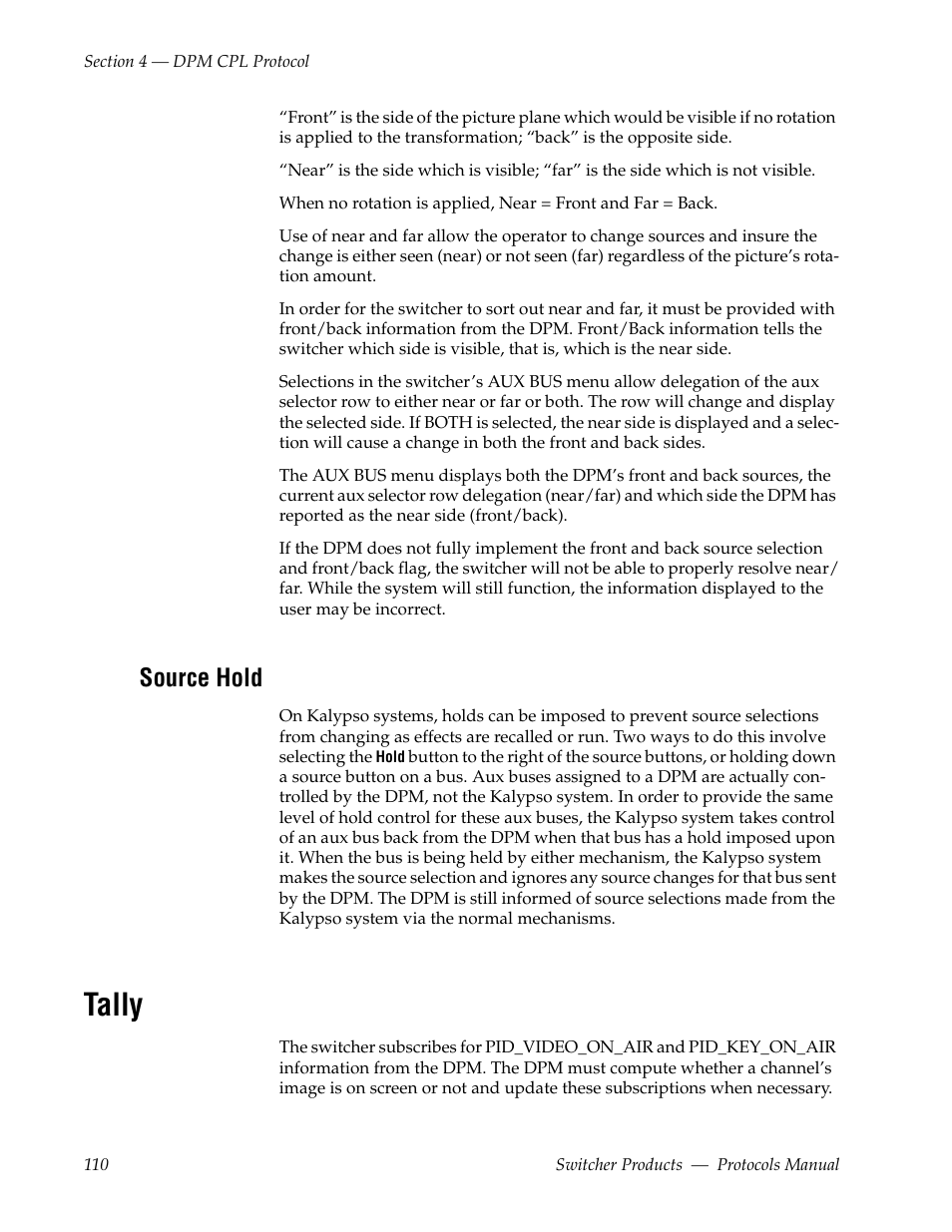 Source hold, Tally | Grass Valley Switcher Products User Manual | Page 110 / 152