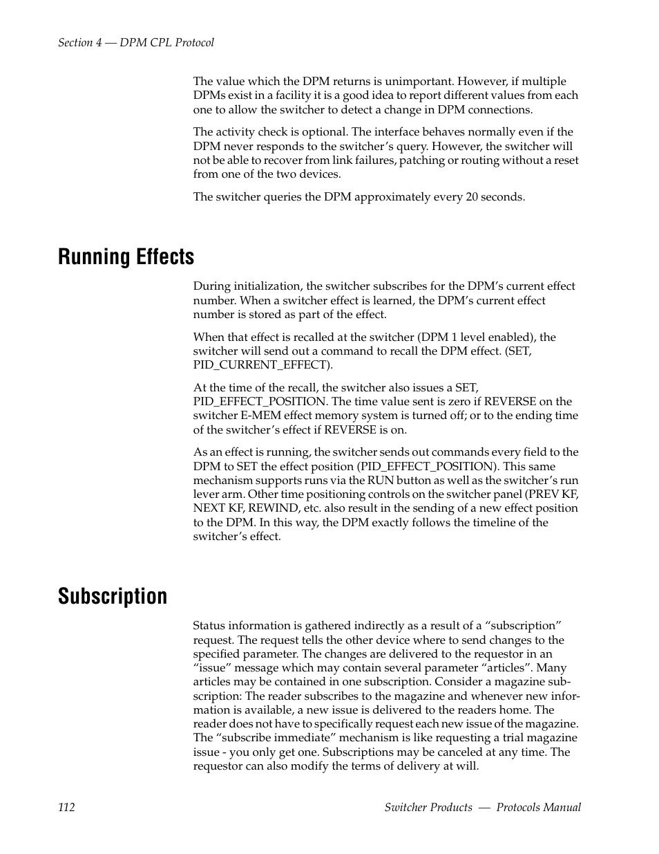 Running effects, Subscription | Grass Valley Switcher Products User Manual | Page 112 / 152