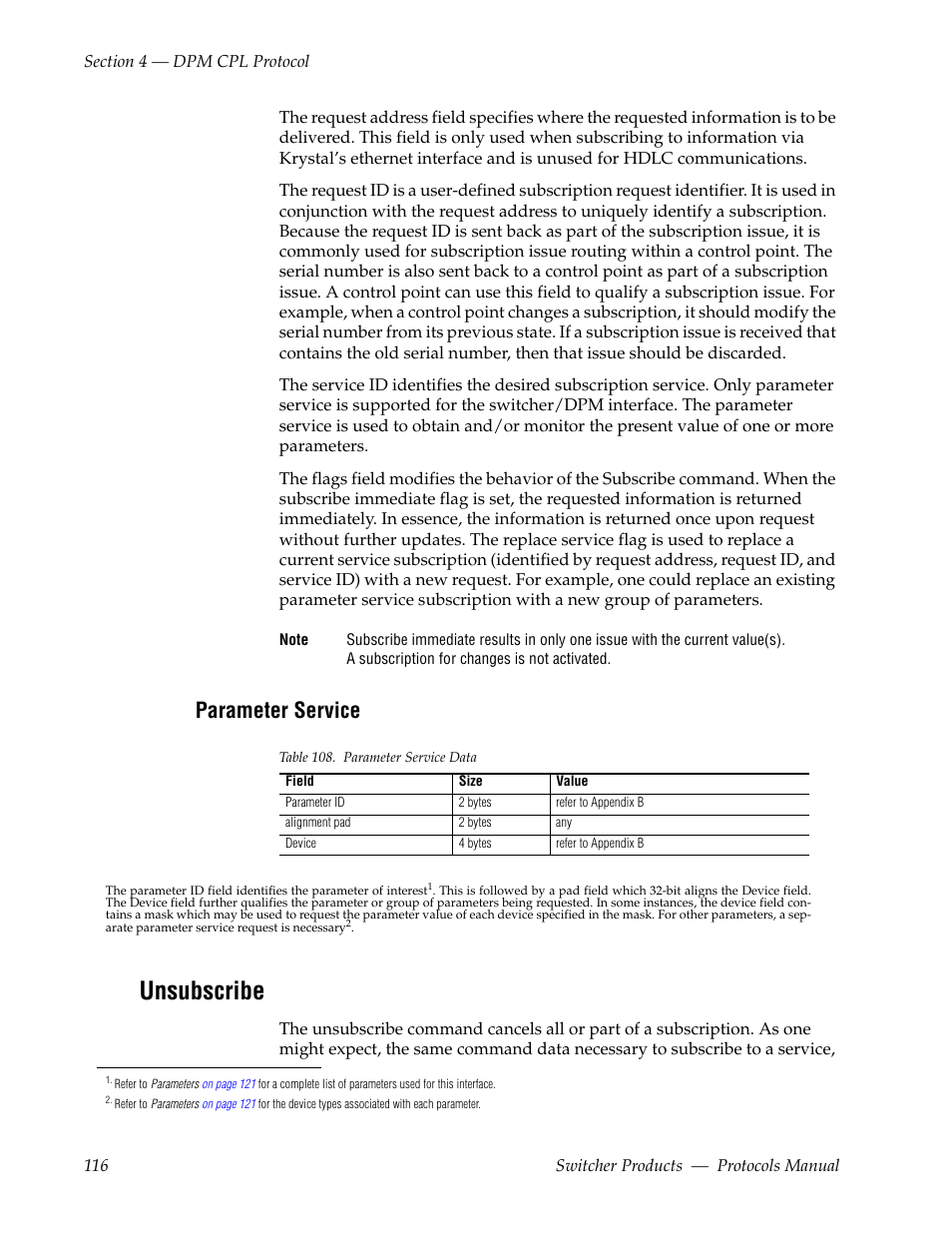 Parameter service, Unsubscribe | Grass Valley Switcher Products User Manual | Page 116 / 152