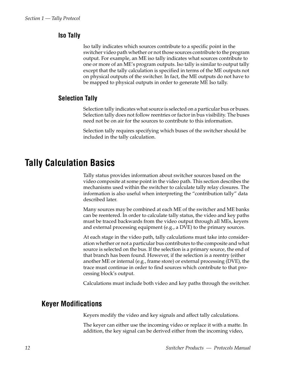 Iso tally, Selection tally, Tally calculation basics | Keyer modifications | Grass Valley Switcher Products User Manual | Page 12 / 152