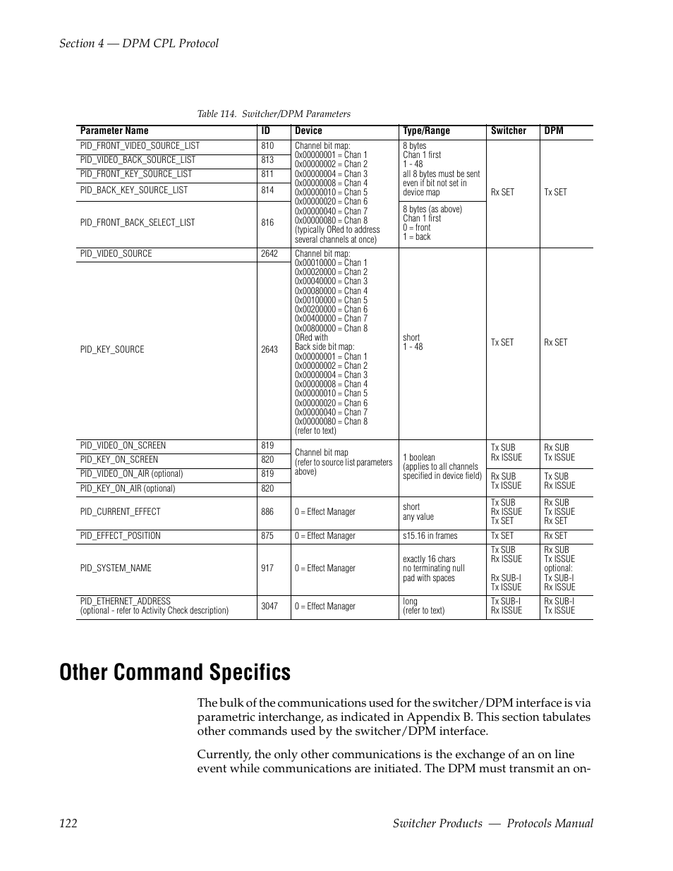 Other command specifics, D other, Command specifics | Grass Valley Switcher Products User Manual | Page 122 / 152