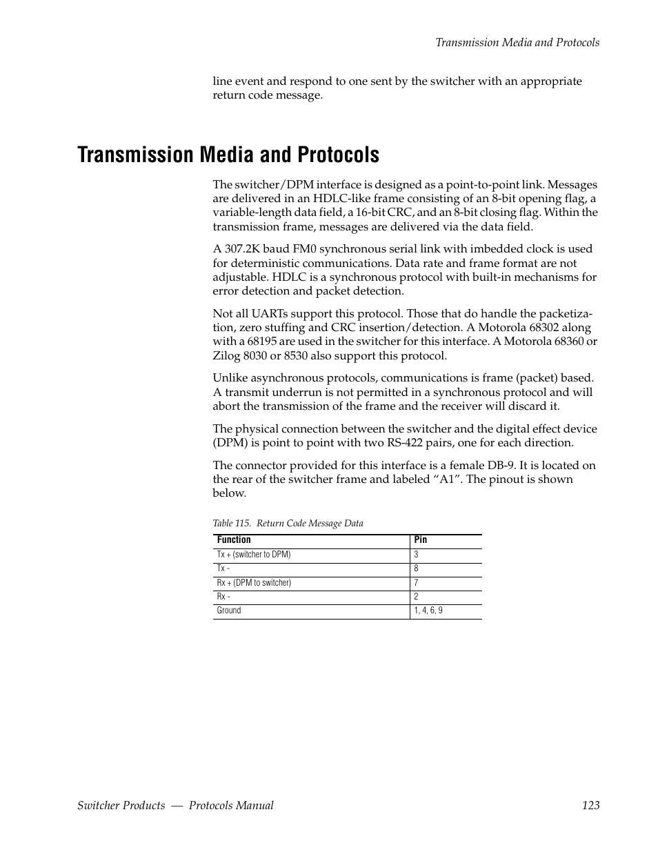 Transmission media and protocols, Bed in transmission media and pro- tocols | Grass Valley Switcher Products User Manual | Page 123 / 152