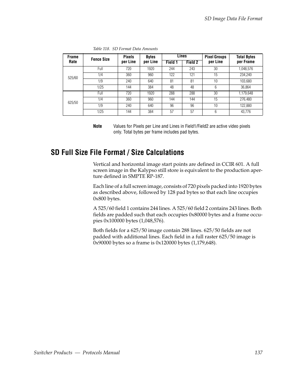 Sd full size file format / size calculations | Grass Valley Switcher Products User Manual | Page 137 / 152