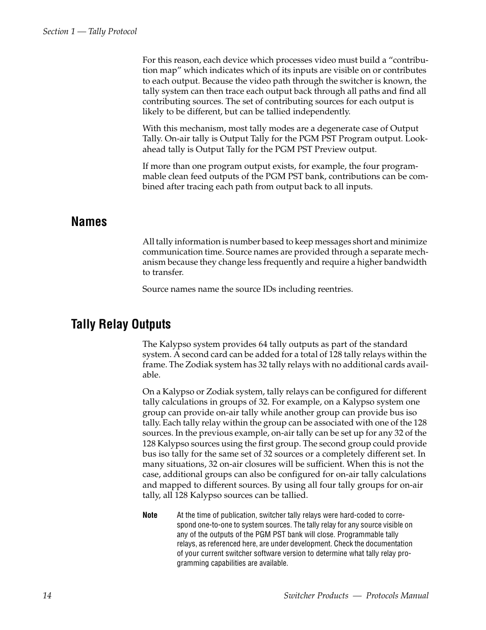 Names, Tally relay outputs | Grass Valley Switcher Products User Manual | Page 14 / 152