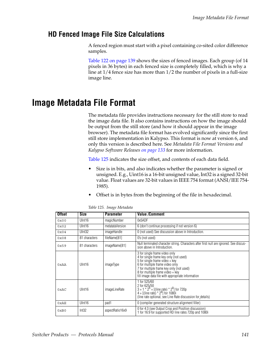 Hd fenced image file size calculations, Image metadata file format | Grass Valley Switcher Products User Manual | Page 141 / 152