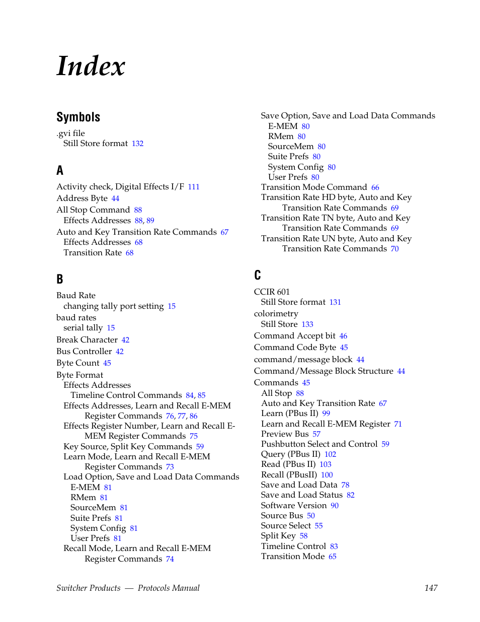 Index, Symbols | Grass Valley Switcher Products User Manual | Page 147 / 152