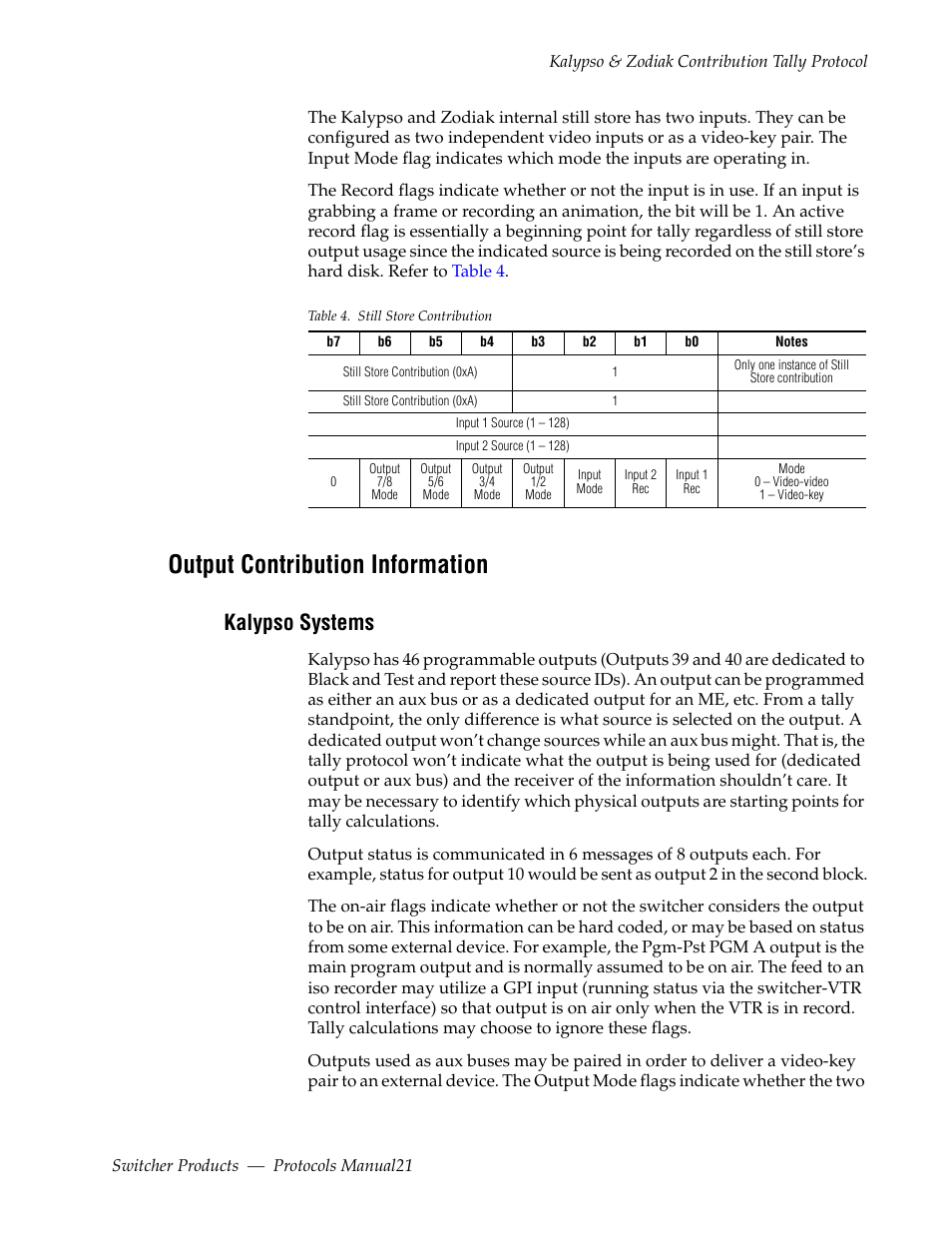 Output contribution information, Kalypso systems | Grass Valley Switcher Products User Manual | Page 21 / 152