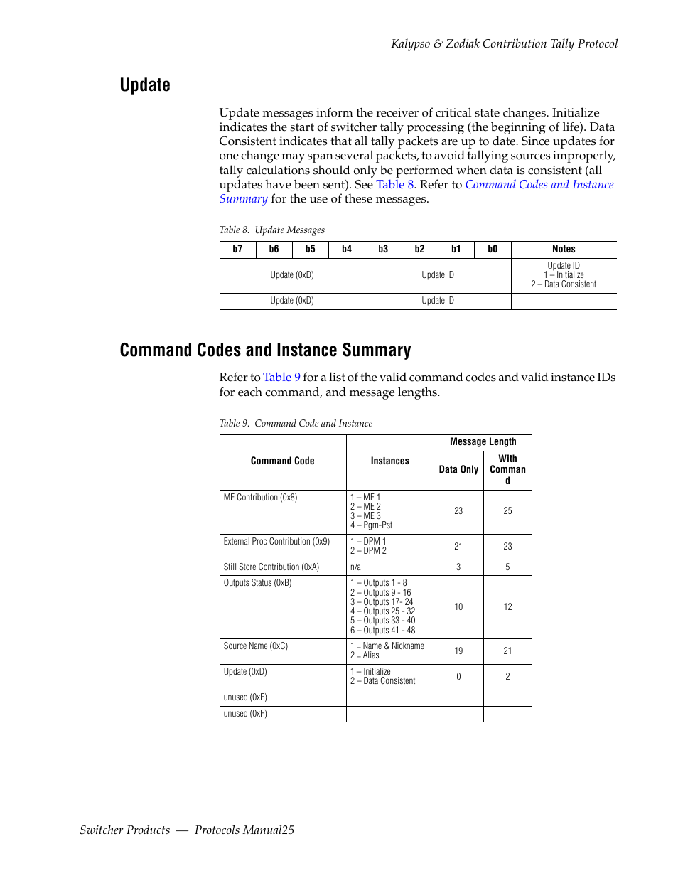 Update, Command codes and instance summary | Grass Valley Switcher Products User Manual | Page 25 / 152