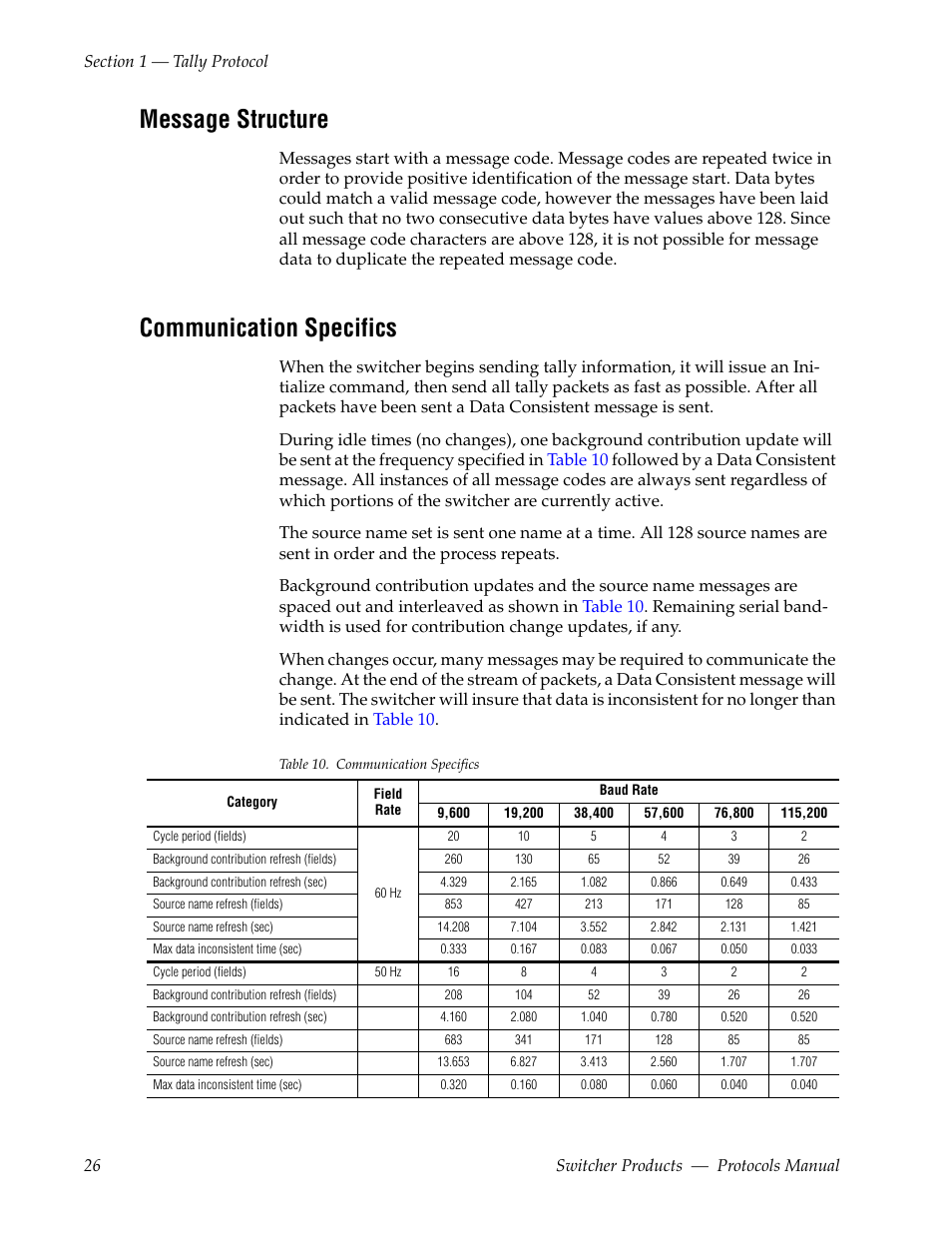 Message structure, Communication specifics, For s | Grass Valley Switcher Products User Manual | Page 26 / 152