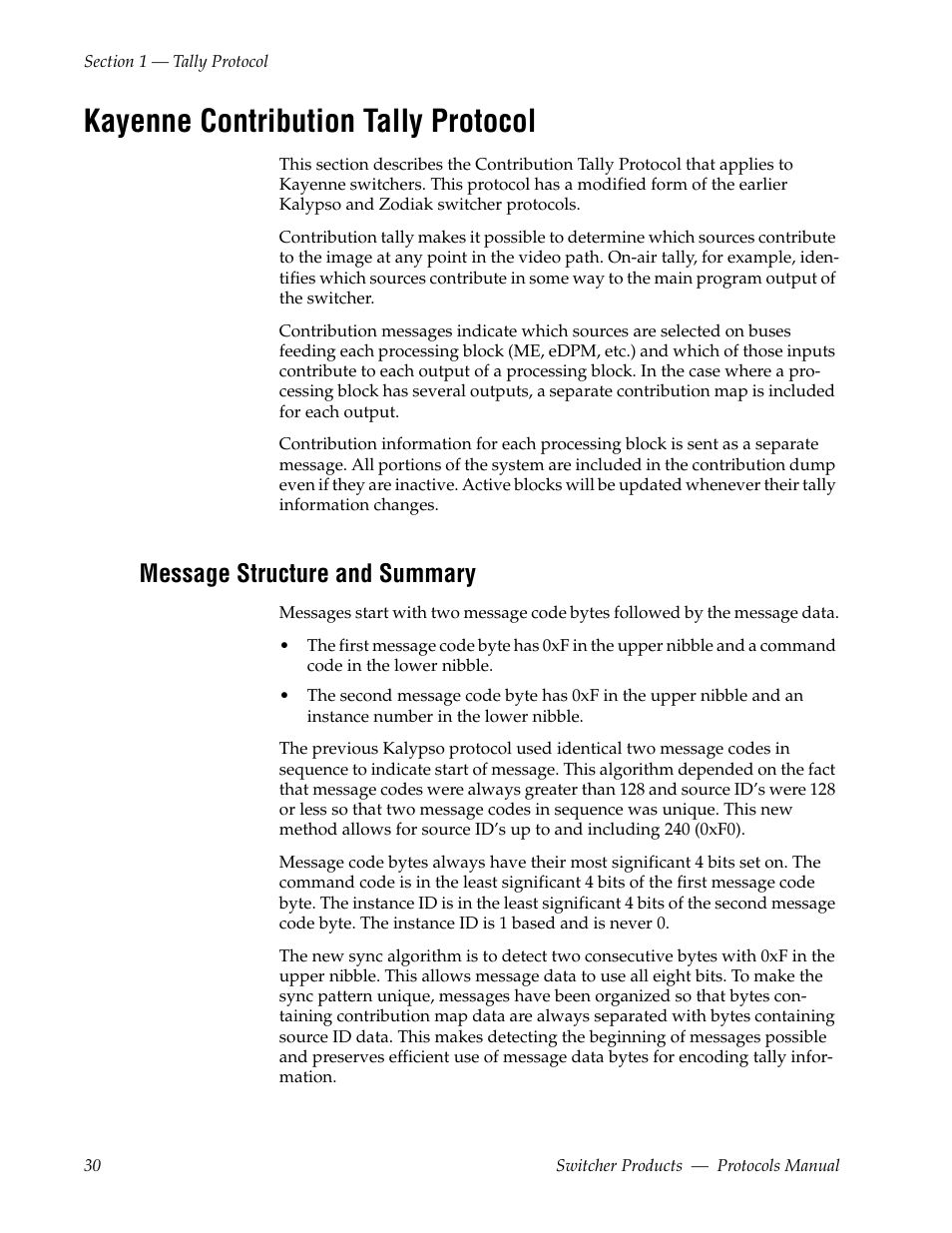 Kayenne contribution tally protocol, Message structure and summary | Grass Valley Switcher Products User Manual | Page 30 / 152