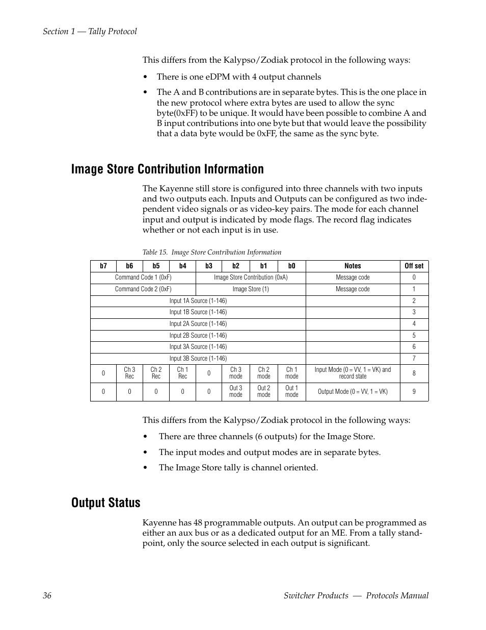 Image store contribution information, Output status | Grass Valley Switcher Products User Manual | Page 36 / 152