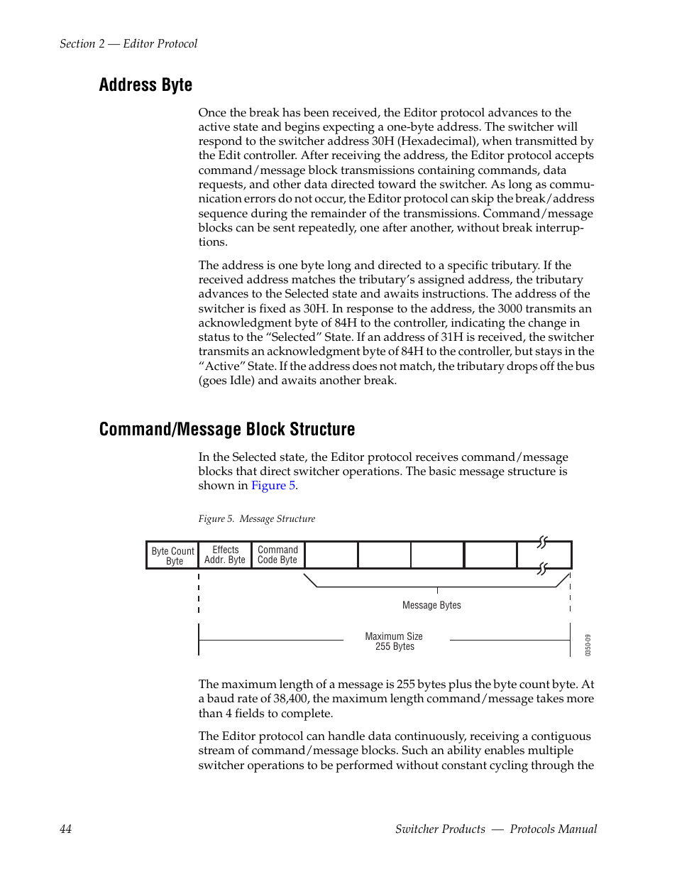 Address byte, Command/message block structure | Grass Valley Switcher Products User Manual | Page 44 / 152