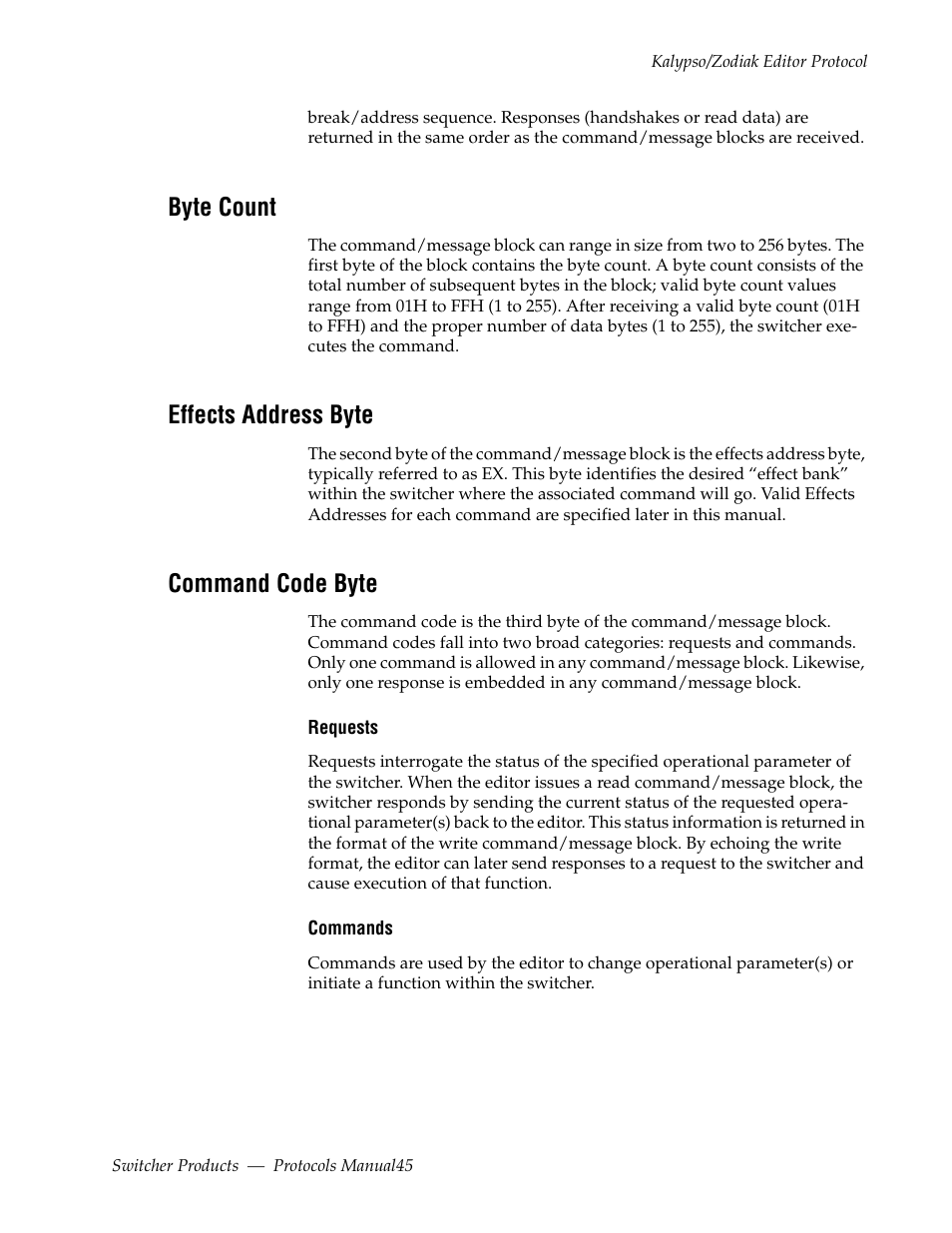 Byte count, Effects address byte, Command code byte | Grass Valley Switcher Products User Manual | Page 45 / 152