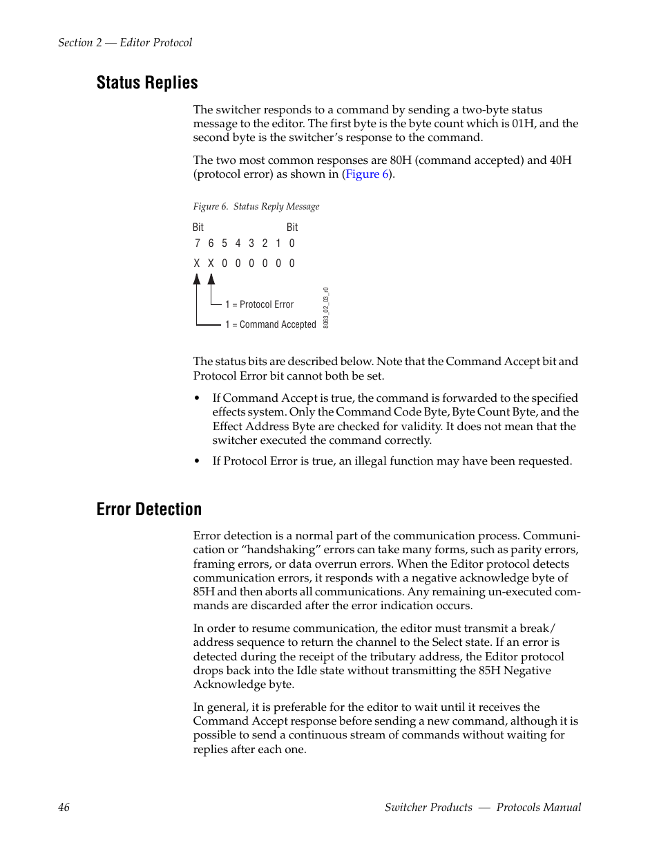 Status replies, Error detection | Grass Valley Switcher Products User Manual | Page 46 / 152