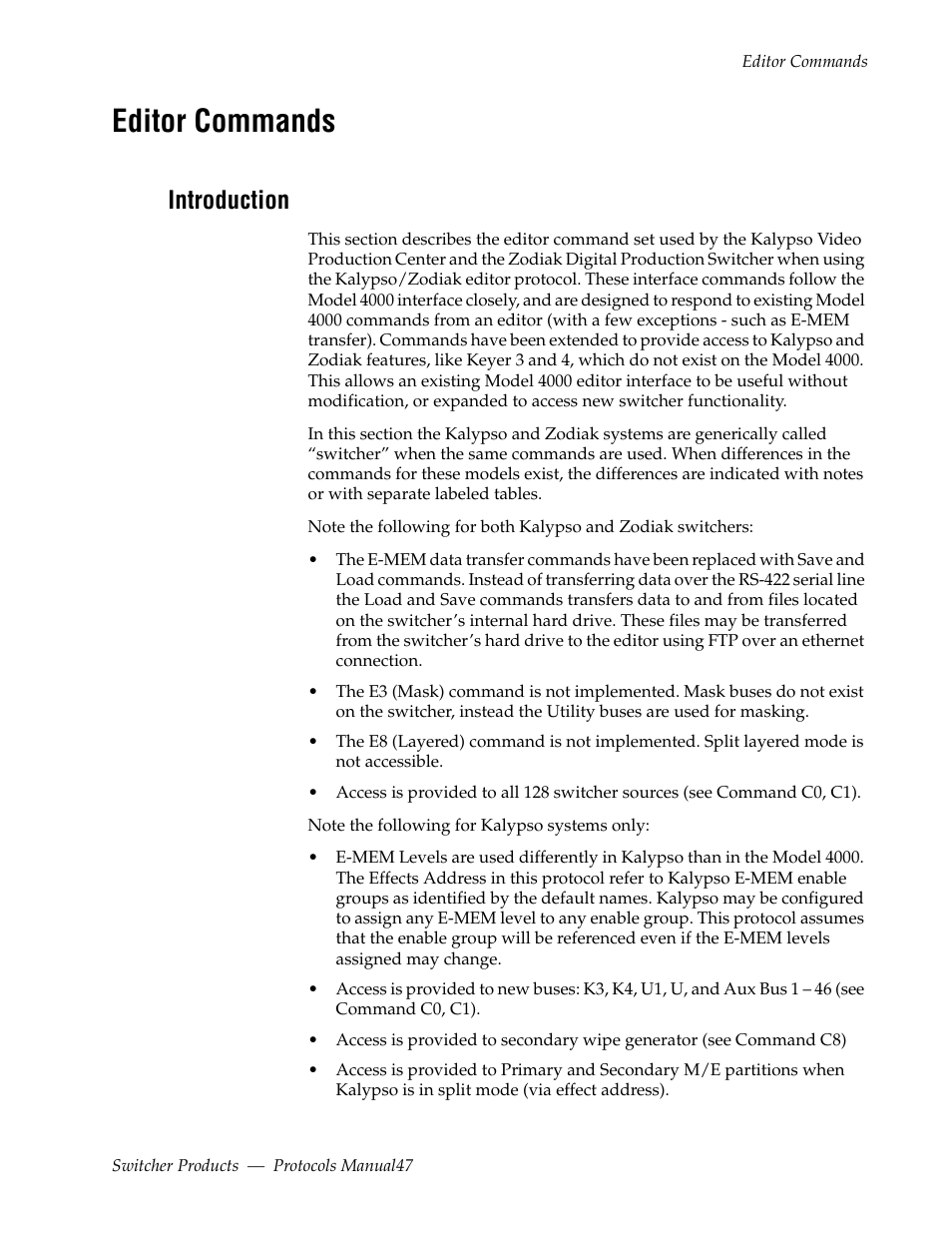 Editor commands, Introduction | Grass Valley Switcher Products User Manual | Page 47 / 152