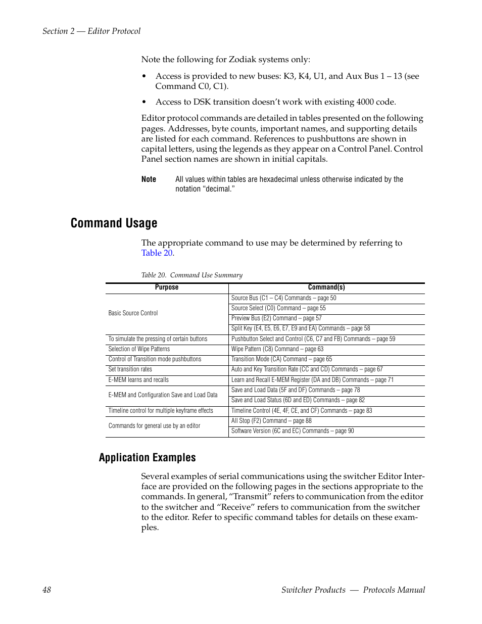 Command usage, Application examples | Grass Valley Switcher Products User Manual | Page 48 / 152