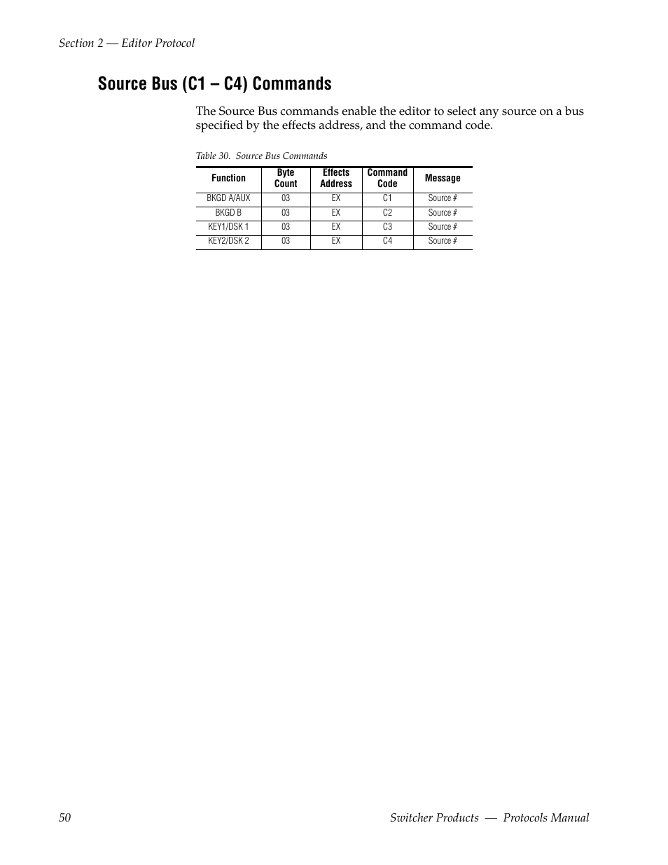 Source bus (c1 – c4) commands | Grass Valley Switcher Products User Manual | Page 50 / 152