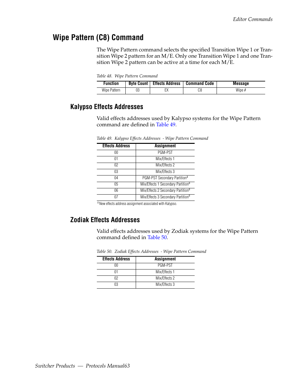 Wipe pattern (c8) command, Kalypso effects addresses, Zodiak effects addresses | Grass Valley Switcher Products User Manual | Page 63 / 152