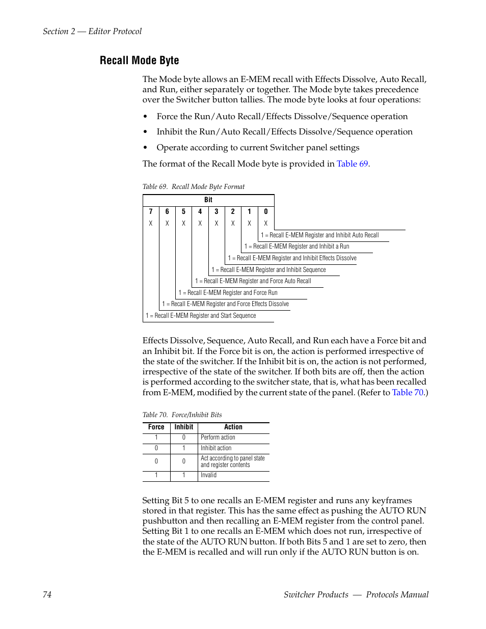Recall mode byte | Grass Valley Switcher Products User Manual | Page 74 / 152
