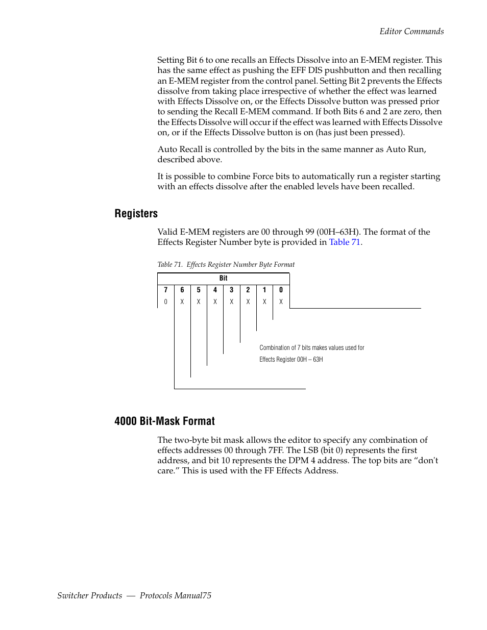 Registers, 4000 bit-mask format | Grass Valley Switcher Products User Manual | Page 75 / 152