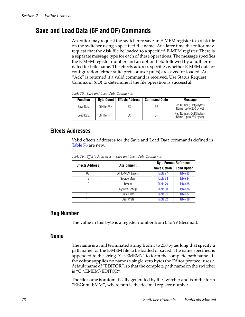 Save and load data (5f and df) commands, Effects addresses, Reg number | Name | Grass Valley Switcher Products User Manual | Page 78 / 152