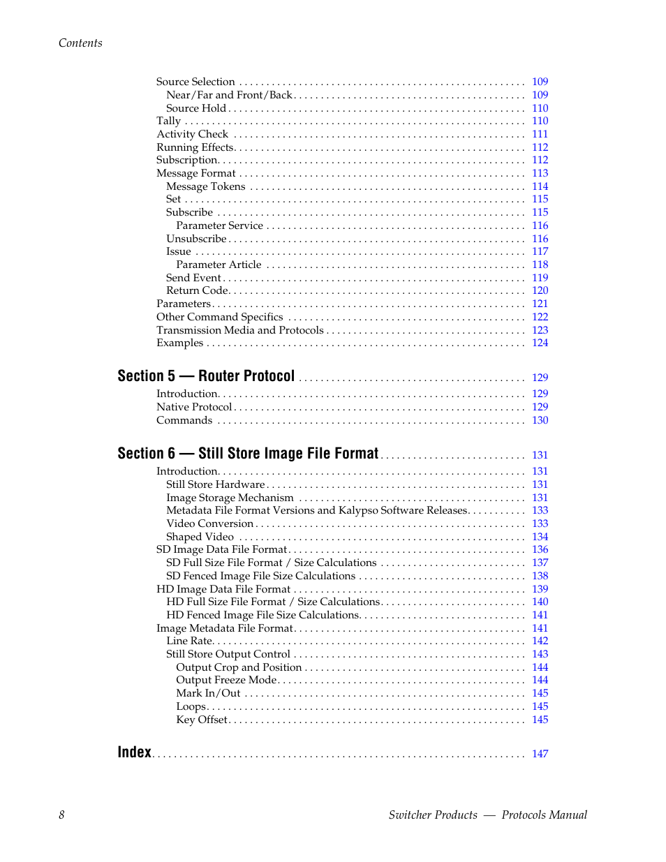 Index | Grass Valley Switcher Products User Manual | Page 8 / 152