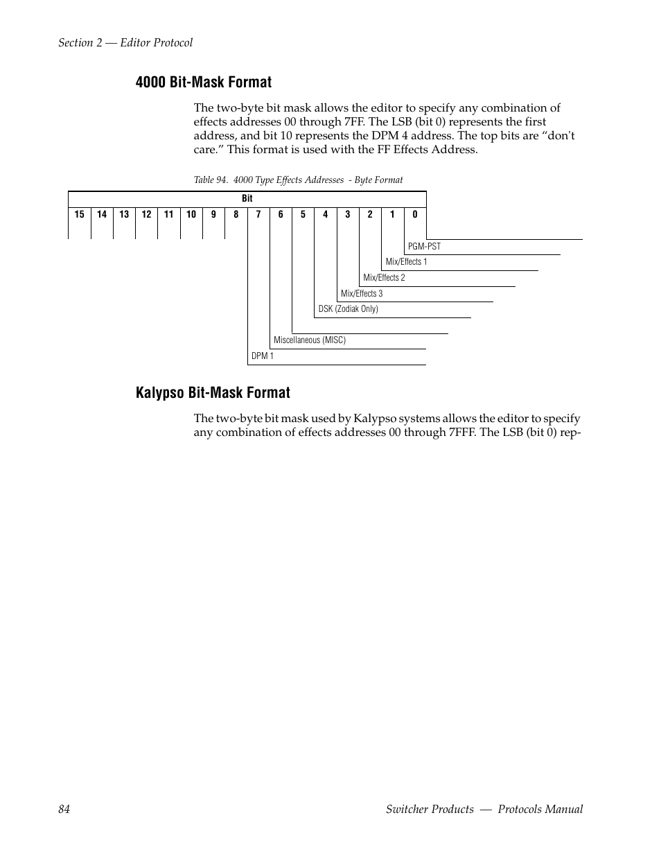 4000 bit-mask format, Kalypso bit-mask format | Grass Valley Switcher Products User Manual | Page 84 / 152