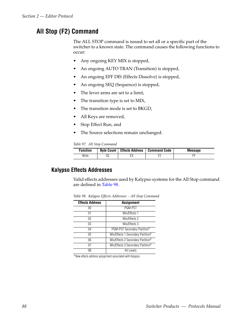 All stop (f2) command, Kalypso effects addresses | Grass Valley Switcher Products User Manual | Page 88 / 152