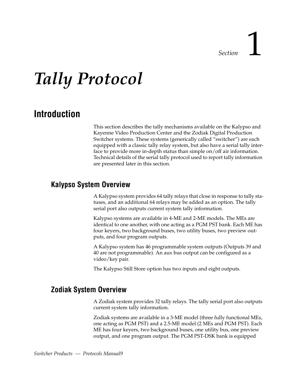 Tally protocol, Introduction, Kalypso system overview | Zodiak system overview, Section 1 — tally protocol | Grass Valley Switcher Products User Manual | Page 9 / 152