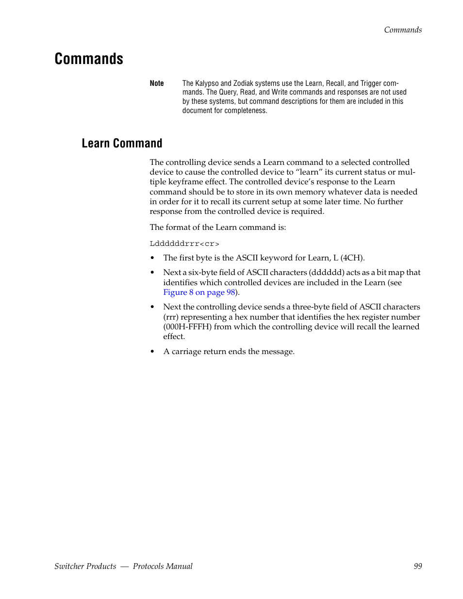 Commands, Learn command | Grass Valley Switcher Products User Manual | Page 99 / 152
